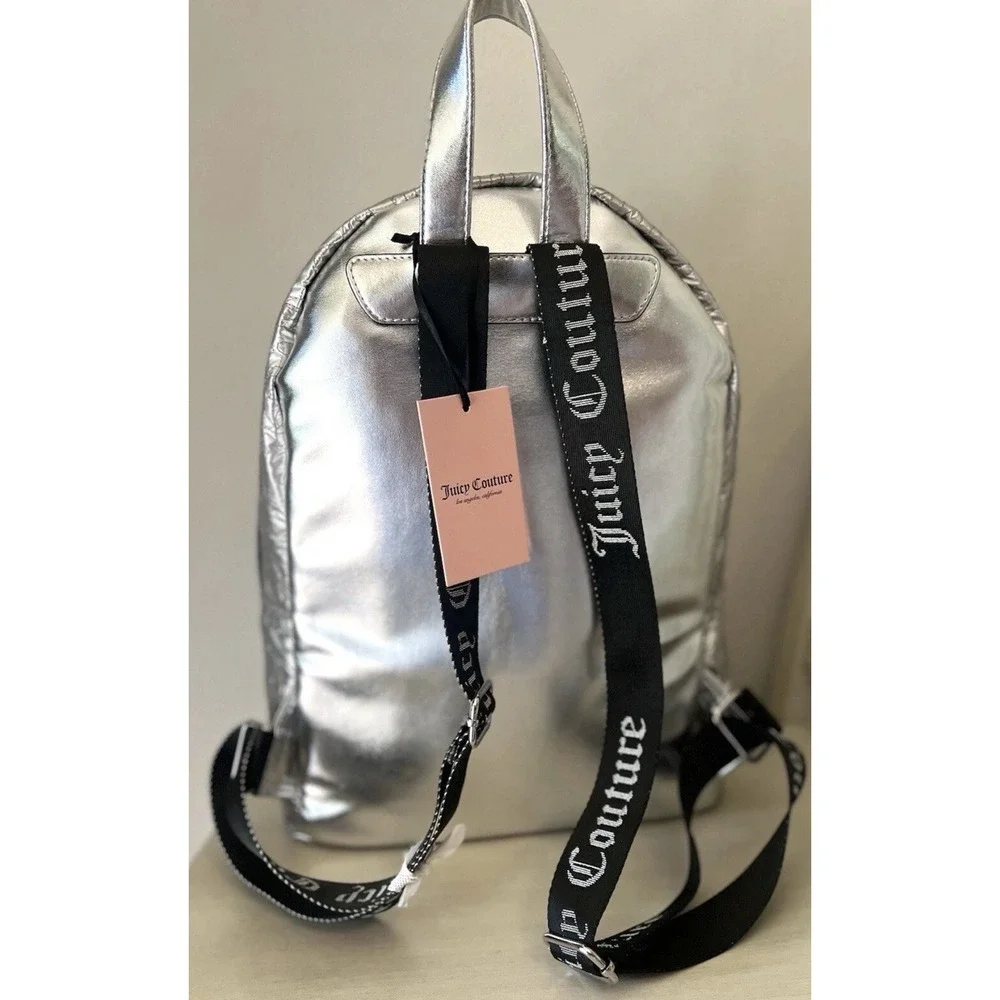 Juicy Couture Metallic‎ Silver Quilted Logo Backpack Rhinestone JC Heart Y2K NEW